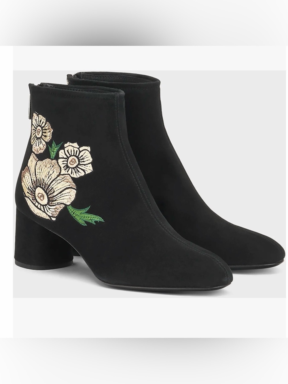 Agl Black Suede Ankle Boots with Cream & Green Floral Embroidery